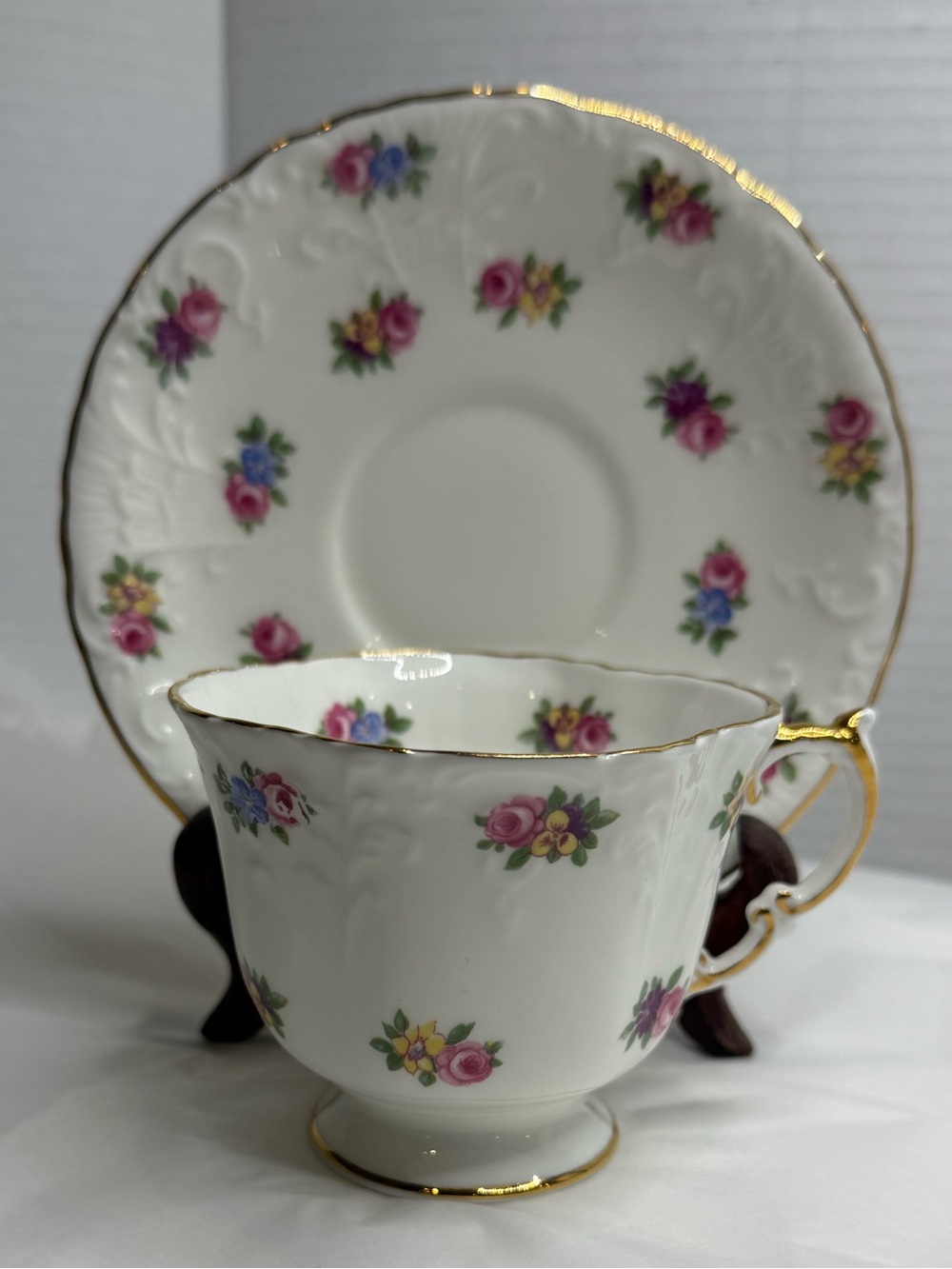 Aynsley Bone China Tea Cup & Saucer with Pink + Blue Floral Sprays and Gold Trim